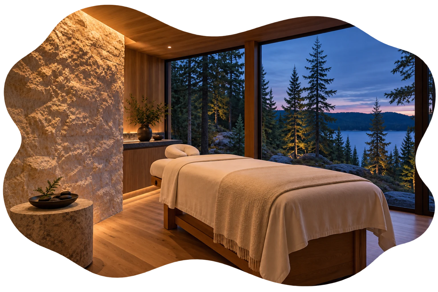 Salle de massage aux matières naturelles, avec table en lin clair et vue sur la forêt